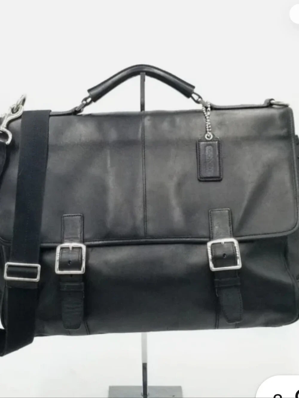 Coach Black Leather Double Buckle Briefcase with Adjustable Strap
